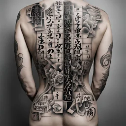 Dramatic full-back tattoo of a black and white Sodoku puzzle, Japanese calligraphy lettering, photorealistic, dramatic, body art