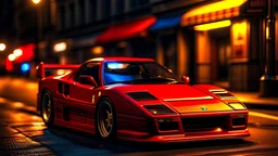 realistyczny model ferrari f40 na ulicy gdzie odbijają się kolorowe światła