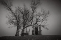 Creepy mausoleum at night, trees