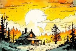 create an ink wash and watercolor illustration of a rustic snowbound cabin at sunrise surrounded by deep drifts and overshadowed by looming trees, smoke curls from the chimney, the windows exude a glow of light in the mountains of the Pacific Northwest in the comic book art style of Mike Mignola, Bill Sienkiewicz and Jean Giraud Moebius, highly detailed, grainy, gritty textures, dramatic natural lighting