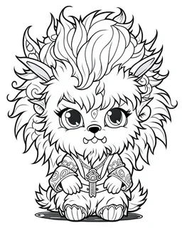 coloring page, small Gothic chibi werewolf with wild, fluffy hair, Manga style, thick lines, low detail, no shading, --ar 9:11 --v 5