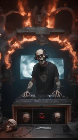 DJ of the damnded, insanely detailed DJ booth in hell, MID set, speakers and equipment made of bone, anatomically correct, add more skulls in th audience, photorealism, vray, 8k 3d