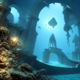 lost underwater city, Poseidon, highly detailed, cinematic, ultra photorealistic, ultra realistic, volumetric lighting, sun shafts, spectral, 4k, 8k, fish swimming around, murkey