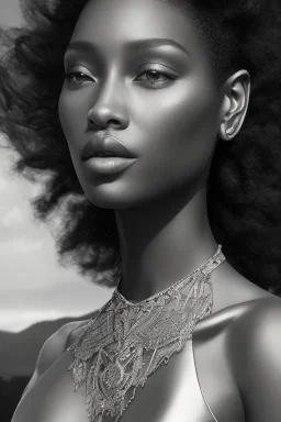 A portrait of a beautiful curvaceous black woman with long black hair, wearing a black dress with a deep v neck, wizard, magical, ethereal, intricate, sharp realistic lighting. Concept art by wlop. Ultra quality 8k.