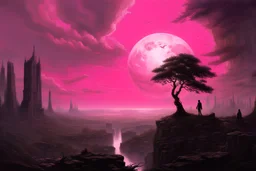 Pink sky with one planet un the sky, sci-fi, 2000's sci-fi movies influence, rocks, cliffs, vegetations, emile claus and auguste oleffe impressionism paintings