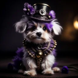 full body, Steampunk fluffy cute puppy, flower, purple black white, High resolution, top quality, sharp focus, 8k