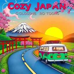 Create a book cover for "Cozy Japan Coloring Book" featuring a vibrant road trip scene through the Japanese countryside. A colorful retro van drives along a winding road lined with vivid red torii gates, glowing paper lanterns, and bright pink cherry blossoms in full bloom. Towering in the distance is Mount Fuji, its snowy peak glowing under a radiant blue sky with swirling clouds. Lush green rice paddies and orange sunset hues bathe the landscape in warmth. The van is bursting with charm—decora
