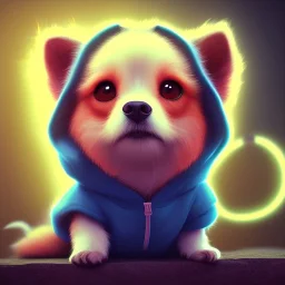 Concept art of Little mascot dog wearing a hoodie (Pixar art style)++, highly detailed, digital painting, art stations, concept art, smooth, unreal engine 5, god rays, ray tracing, RTX, nanite polygons, lumen lighting, ultra detail, volumetric lighting, 3d, detailed anime, finely drawn, high definition, high resolution, cartoon [ animation, cartoon, drawing, painting, low res, cropped, watermark, jpeg artifacts, low quality, normal quality, bad anatomy, text error, worst quality, blurry thousa