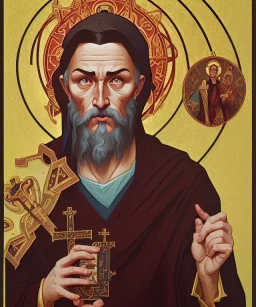 orthodox old icon with saint, patron of photographers. he is holding a camera in one hand and 35mm film in the other. Cyrillic inscriptions are the names of photographic brands. hyperdetailed, Alphonse Mucha, Zdzisław Beksiński, poster, illustration, ink, oil on canvas, 18th century atlas