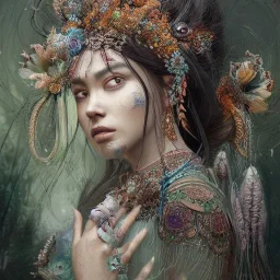 Insanely detailed photograph of an “portrait of gorgeous native goddess ” with intricate hair, intricate embroidered dress, beautiful clear face and hyperdetailed painting by Ismail Inceoglu Huang Guangjian and Dan Witz CGSociety ZBrush Central fantasy art album cover art,8K, hdr, romantic, mysterious, ominous, flowers, jewelry, comfort, natural eyes