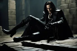 Action shot of Tom Hiddleston as Alucard from the live action "Hellsing" movie based on the anime of the same name. He is sitting, arms chained to a dungeon wall. He appears to be little more than a desiccated corpse wearing black wrappings that cover all except his head, feet, and hands. His straight, black hair hangs to the floor. A vague smile is on his gaunt face.