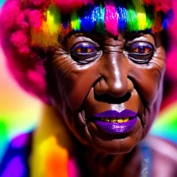 masterpiece, best quality, old woman, dark skinned, sparkling eyes, fluorescent skin, colorful makeup, afro, head shot, highly detailed body, sun light, 4K, RAW, depth of field, high contrast, realistic details, 24mm