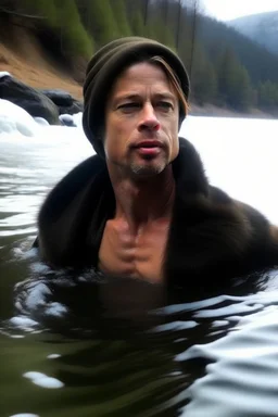 brad pitt bathing in a frozen lake