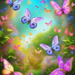 A world full of shimmering butterflies with spread out wings and light, graceful movement. This land is beautifully colored and surrounded by a picturesque landscape with trees, flowers, and singing birds. The butterflies are visible against the background of this peaceful, harmonious world.