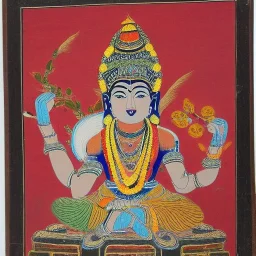 indian god of flowers with fine jewelry in tibetian painting style seated on a flowery bird