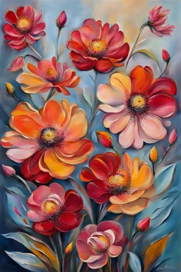 red, orange, yellow, pink flowers , detalied, extremely high textured, etheral stunning botanical theme, with five, very thick layers of paint, with some brush bristles