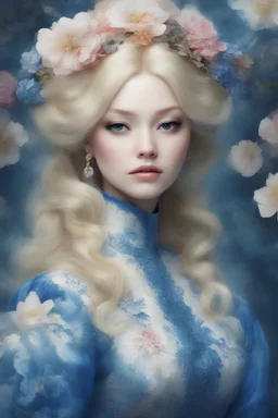 blue, large, woman, blonde, floral designs, atmospheric, beautiful, China Doll,