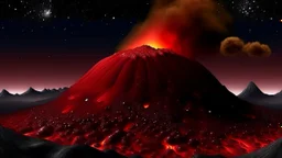 A dark red volcano with crashing meteors designed in ancient Greek pottery