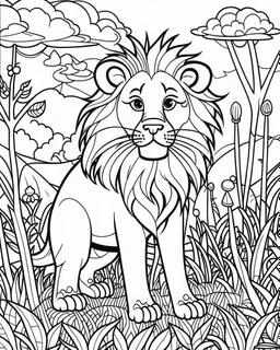 create a 2d black outline, "safari lion coloring book for kids ", coloring page, low details design, black contour, coloring page design, simple background, colorful , card style, coloring page for kids, white background, sketch style, cartioon style, safari landscape