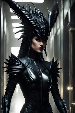 a very beautiful xenomorph queen, with a giant black crown-like carapace on her head, thick lips, with a shiny black spiky carapace covering her entire body, and a long alien tail with a giant spike sharp, walking in a corridor