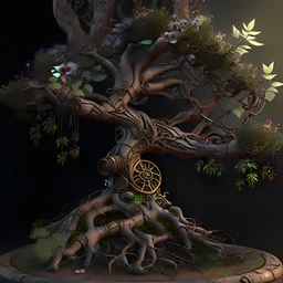 3D render ultra detailed of a ancient tree and flower, steampunk, vines, hyperealistic