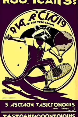 old man in 1928 poster advertising racoon tennis, raccons flying in air between tennis rackets while humans::4 use them as a tennis ball