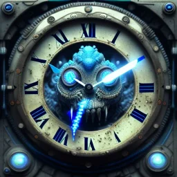 a blue crystal clock on sand, scary, steam punk, realistic, made in octane, cinematic, ultra-realistic, extremely detailed octane rendering, 8K, VRAY Super Real ar 2:3, dof photorealistic futuristic 50mm lens hard lighting dark gray tintype photograph, realistic lighting