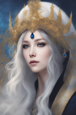 Moon queen long white hair, black robes, blue eyes