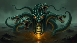 A mythical Lernaean Hydra with multiple serpentine heads, gleaming scales, and razor-sharp fangs emerging from murky swamp waters. Fierce eyes glowing with malevolence. Ancient Greek stylized artwork.