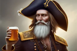 In this photorealistic, dramatic, and hyperrealistic painting, a Pirate captain stands tall with Crystal black eyes and an elegant demeanor. He holds a frosty mug of beer in one hand and a lemon in the other, adding to the overall atmosphere of the piece. The talented artists WLOP, Artgerm, and Greg Rutkowski have expertly captured the captain's dynamic pose, incorporating beautiful shadows and concept design art into the piece. Rendered in stunning 8K resolution using Octane render, this painti