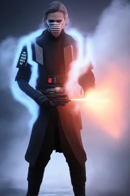 All Black Anakin Skywalker soldier, ghost, wearing high tech mask, white smoke, dark, rage, sorrow, high definition, ultra 8 k, volumetric lighting, blue fire, fog