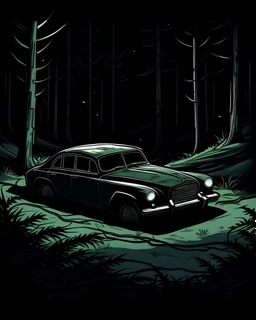 Create an image of a car (RV) stranded in the woods in a dark forest. (Make it seem like a 15 year old drew it for a school assignment)