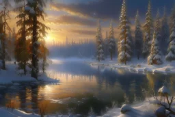 lake, ice, winter, it's snowing, winter firs and pines, high detail, complex details, high resolution, clear quality, beautiful lighting, spectacular lighting, deep shadows, warm colors, warm light, Dmitry Vishnevsky, Elegant, 8k, oil on canvas, Super detailed, 4K 3D, Clear quality, colorful, very cute