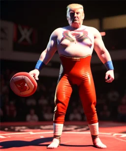 Wrestler Donald trump, wrestling, sweat, blood, red breeches, suspenders, retro style, 80s, hot ambient, photo studio, vibrant color, gradient, highly detailed, art stations, concept art, smooth, unreal engine 5, god rays, ray tracing, RTX, lumen lighting, ultra detail, volumetric lighting, 3d, finely drawn, high definition, high resolution.