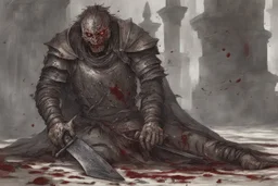 a hideous undead warrior. guts hanging out. chain mail fussed to skin. blood. bile. melted fat. broken bones. bleeding eyes. fangs. intense horror.