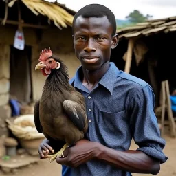 a black man holding a chicken in a village setup real image