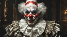 Elderly clown, comfortable, confident, outrageous, congruent, showing his head and upper body, perfect sparkling eyes, perfect anatomy, exquisite composition, beautiful detailed intricate detailed octane render, 8k artistic photography, photorealistic, soft natural volumetric cinematic perfect light, chiaroscuro, award-winning photograph, masterpiece, raphael, caravaggio, bouguereau