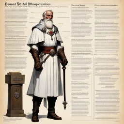 character concept sheet with AD&D statistics and characteristics, [illustration by Norman Rockwell] the doomed bishop character class: powers include Hereditary madness... God/Deicide, reverse blessing
