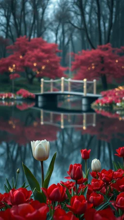 A bridge on a lake with white tulip growing in red colored rose forest, trees, flowers, fairy lights, night, 8k, high quality, trending art, trending on artstation, sharp focus, studio photo, intricate details, highly detailed, by greg rutkowski