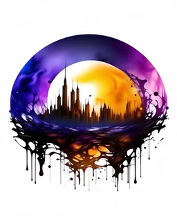 logo on transparent background paper, chromatic, zoom, sharp, realistic, splash of colors on a white background, a detailed golden purple sunset fire style, detailed realistic earth, new york with light blue water, graffiti elements, powerful zen composition, dripping technique, & the artist has used bright, clean elegant, with blunt brown, 4k, detailed –n 9, ink flourishes, liquid fire, clean white background, zoom in, close-up, make it as a sticker