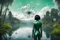 Photo of a skinny woman with a black bob hairstyle, in a green and silver android suit, looking at flying dandelion heads with octopus tentacles looking out over a lake, in an alien forest, with tall narrow cloud trees