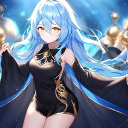 Clear focus, High resolution, Long light blue fluffy hair, hair between eyes, yellow eyes, wearing black fabric shorts, detailed outfit, blue and black outfit, gold accessory