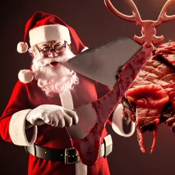 Photo, Santa Claus, blood and guts, butcher knife, meat cleaver, Satanic, steaks and raw meat