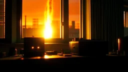 4K, ultra detail, ombres lumieres et reflets maximum, full realism. Light maximulTerminator fighting with the devil on a radio station. A nuclear explosion can be seen outside the window. Fire in the room