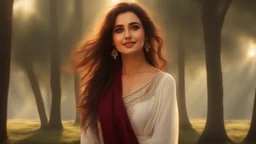 Hyper Realistic Close-up-view of a Beautiful-Young-Happy-Pashto-Woman-with-beautiful-eyes-Smiling with-white-dress-with-maroon-shawl & breeze-whirling in a jungle-with-tall-trees & cloudy-sunset-&-sun-rays showing dramatic & cinematic ambiance