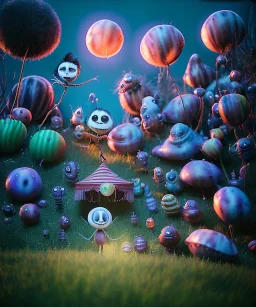 Tim burton photographer, Ultra realistic garden night scene, wide angle view, child playing with feather pillows and sweet inflatable monsters, circus dress style, feather color, free jumping, many trinkets, hair monster, many jelly beans, balls, smile, extreme, wind, soft color, highly detailed, unreal engine 5, ray tracing, RTX, lumen lighting, ultra detail, volumetric lighting, 3d, finely drawn, high definition.