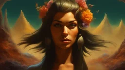 beautiful girl ,mugshot, Planet of the Vulcans, multicolored, large, floral designs, atmospheric, beautiful, oil painting by Frank Frazetta, 4k UHD, Photorealistic, professional quality