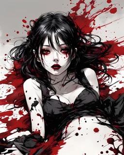 Petit girl goth, lying pose, halfbody, behind blood guts rising from the ground, illustration by <Yoji Shinkawa>, darkred tones,