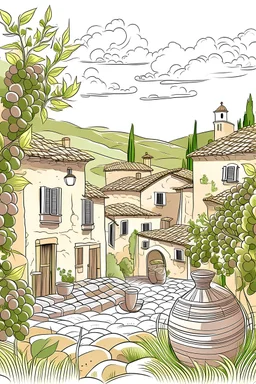 imagine prompt coloring page for women, "Design an image showcasing a traditional Tuscan winery with vineyards, barrels, and rustic houses. Convey a warm and subdued winery atmosphere, bathed in sunlight" a white background 9:11, pgf