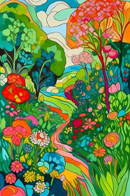 Drawing a landscape surrounded by flowers in the style of the Expressionist school